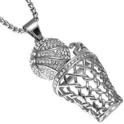 SINLEO Mens Hiphop Iced Out Diamond Mini Basketball Rim Pendant Stainless Steel Necklace Chain