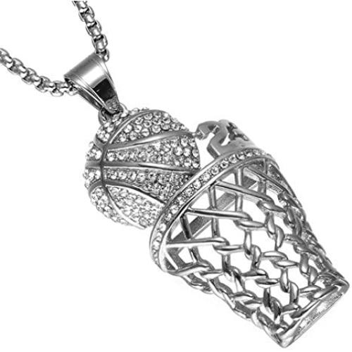 SINLEO Mens Hiphop Iced Out Diamond Mini Basketball Rim Pendant Stainless Steel Necklace Chain