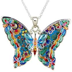 DianaL Boutique Silvertone Colorful Blue Butterfly Pendant Necklace 21'' Chain