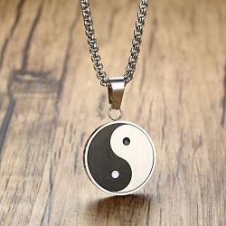 Tai Chi Yin And Yang Round Disc Coin Metal Stainless Steel Pendant Necklace for Men Women Fashion Personalized Minimalist 23.6'' Box Chain Unique Jewelry Gifts for Bff Sister Son Daughter Birthday Xmas