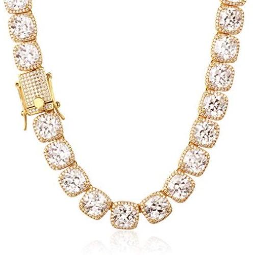 TRIPOD JEWELRY 10mm Tennis Chain for Men Cluster Lab Diamond Iced Out Necklace,18K Gold/ White Gold/ Rose Gold Plated Choker Necklaces for Women with Full Iced Clasp