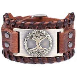 VASSAGO Vintage Amulet Norse Viking Tree of Life Yggdrasil Celtic Knot Metal Brown Leather Bracelet