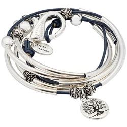 April with Tree of Life Charm Silverplate Bracelet Necklace with Gloss Navy Leather Wrap by Lizzy James