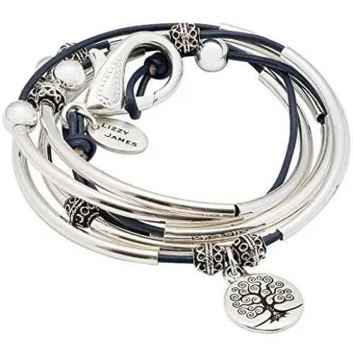 April with Tree of Life Charm Silverplate Bracelet Necklace with Gloss Navy Leather Wrap by Lizzy James April with Tree of Life Charm Silverplate Bracelet Necklace with Gloss Navy Leather Wrap by Lizzy James