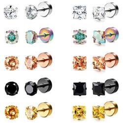 Besteel 10 Pairs Stainless Steel CZ Stud Earrings for Women Men Tragus Round Cubic Zirconia Flat Back Screw Back 20G Ear Piercing Set 3MM-7MM