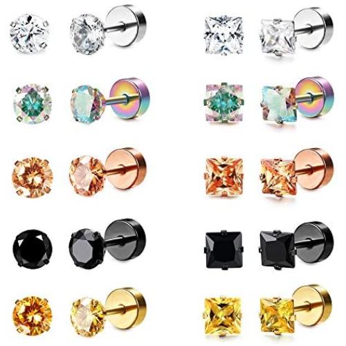 Besteel 10 Pairs Stainless Steel CZ Stud Earrings for Women Men Tragus Round Cubic Zirconia Flat Back Screw Back 20G Ear Piercing Set 3MM-7MM