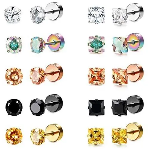 Besteel 10 Pairs Stainless Steel CZ Stud Earrings for Women Men Tragus Round Cubic Zirconia Flat Back Screw Back 20G Ear Piercing Set 3MM-7MM