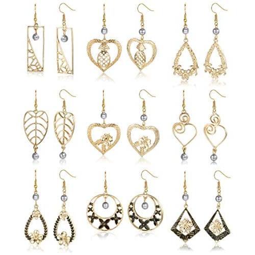 Magitaco 9 Pairs Hawaiian Gold Dangle Earrings for Women Boho Bohemian Earrings Pearl Heart Tortoise Pineapple Flower Polynesian Drop Earring Set