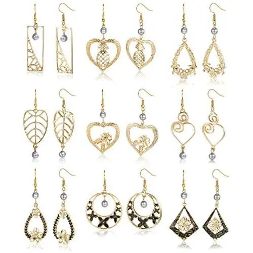 Magitaco 9 Pairs Hawaiian Gold Dangle Earrings for Women Boho Bohemian Earrings Pearl Heart Tortoise Pineapple Flower Polynesian Drop Earring Set