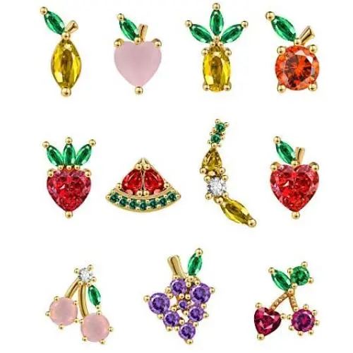 14K Gold Plated Fruit Stud Earrings Set Cute Tropical Fruit Pineapple Cherry CZ Cartilage Helix Earrings for Women Girls Christmas Gift