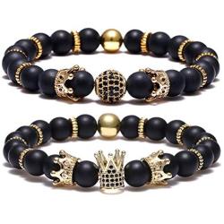 BOMAIL 8mm Crown King Charm Bracelet for Men Women Black Matte Onyx Natural Stone Beads Couple Jewelry