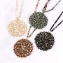 RIAH FASHION Bohemian Beaded Round Pendant Long Statement Necklace - Sparkly Crystal, Wood Braided Sun Disc Wired Circle Charm
