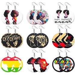 SWEET BELL 9 Pairs African Wooden Earrings for Women Round African Map African Women Earrings Wooden Painted Earrings Ethnic Style Drop Dangle Earrings Set