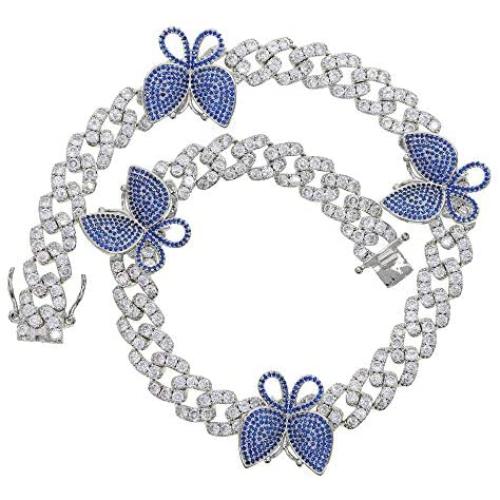 Iced Out Hip Hop Bling Women Jewelry White Pink Cz 12MM Cuban Chain Butterfly Necklace 16''