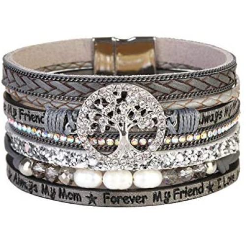 JAOYU Leather Bracelet for Women Cuff Bracelets Crystal Bangle Handmade Wristband Braided Jewelry Bohemian Gift for Teen Girls
