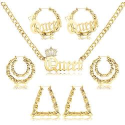 sailimue Queen Pendant Curb Chain Necklace with Oversize Bamboo Hoop Earring Set for Women Gold Plated Womens Statement Earrings Costume Jewelry Punk Hip Hop Rapper Style