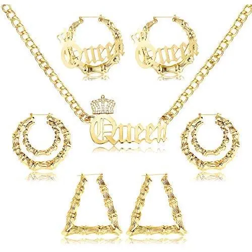 sailimue Queen Pendant Curb Chain Necklace with Oversize Bamboo Hoop Earring Set for Women Gold Plated Womens Statement Earrings Costume Jewelry Punk Hip Hop Rapper Style sailimue Queen Pendant Curb Chain Necklace with Oversize Bamboo Hoop Earring Set for Women Gold Plated Womens Statement Earrings Costume Jewelry Punk Hip Hop Rapper Style