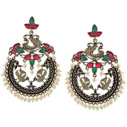 Efulgenz Boho Vintage Antique Gypsy Tribal Crystal Kundan Indian Oxidized Silver Chandbali Dangle Earrings Jewelry