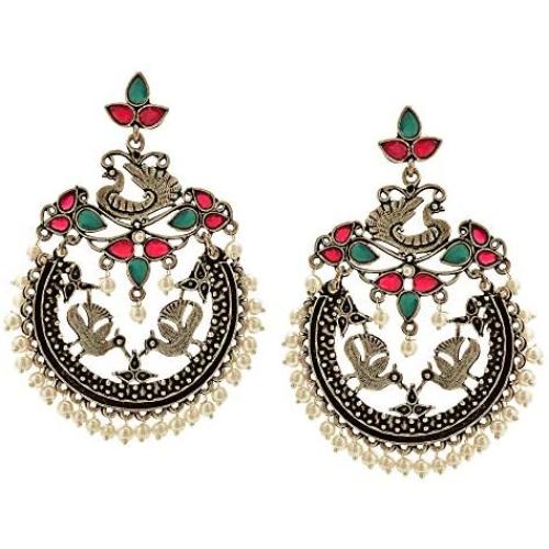 Efulgenz Boho Vintage Antique Gypsy Tribal Crystal Kundan Indian Oxidized Silver Chandbali Dangle Earrings Jewelry