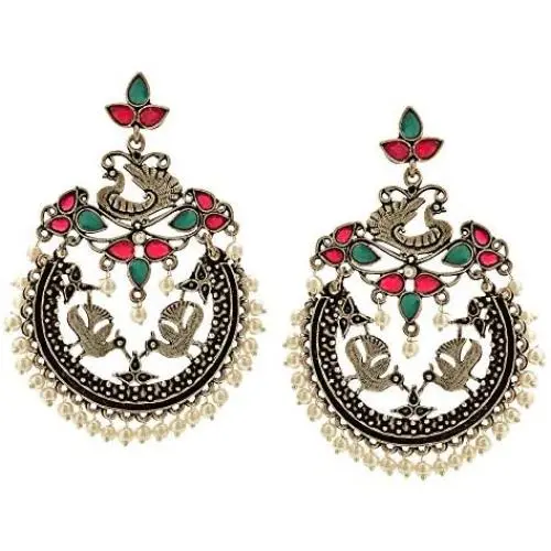 Efulgenz Boho Vintage Antique Gypsy Tribal Crystal Kundan Indian Oxidized Silver Chandbali Dangle Earrings Jewelry Efulgenz Boho Vintage Antique Gypsy Tribal Crystal Kundan Indian Oxidized Silver Chandbali Dangle Earrings Jewelry