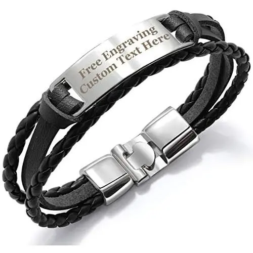 GAGAFEEL Leather Cuff Bracelet Braided Rope Custom Engraved Logo ID Stainless Steel Bangle DIY Birthday Xmas Gift GAGAFEEL Leather Cuff Bracelet Braided Rope Custom Engraved Logo ID Stainless Steel Bangle DIY Birthday Xmas Gift