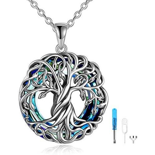 TOUPOP,Tree of Life Urn Necklace Sterling Silver Cremation Necklace Keepsake Ashes with w/Funnel Filler Memorial Locket Jewelry Gifts for Women Girls