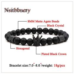 Nsitbbuery Fashion Crystal Crown Cuff Bracelet 8MM Matte Agate Stone Elastic Bracelet