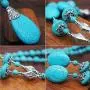 HSQYJ Bohemia Blue Turquoise Pendant Long Beaded Necklace Earring Set with Round Turquoise Bead Drop Dangle Earrings Set for Women Vintage Ethnic Pendant Jewelry…