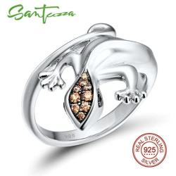 Santuzza 925 Silver Lizard Jewelry Set Ring Earrings Pendant in Black Spinel Champagne Cubic Zirconia Stone