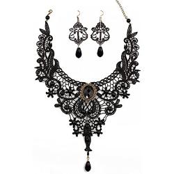 Black Lace Necklace Earrings Set,JoyTong Lace Pendant Choker and Eardrop (Black)