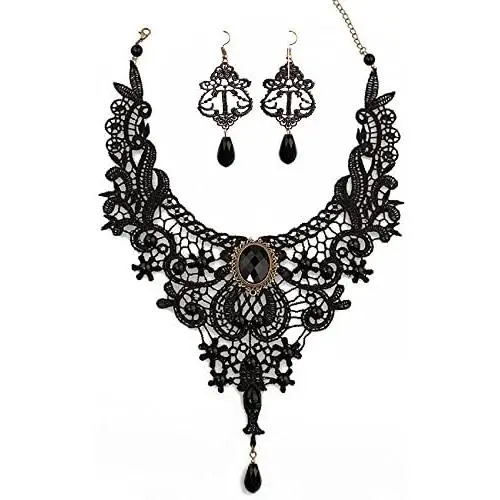 Black Lace Necklace Earrings Set,JoyTong Lace Pendant Choker and Eardrop (Black) Black Lace Necklace Earrings Set,JoyTong Lace Pendant Choker and Eardrop (Black)
