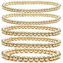 Beaded Bracelet for Women Stack 14 K Real Gold Ball Beads Bracelet Elastic String Friendship Bracelets Set Dainty Stretch Bracelets Jewelry for Men Girls