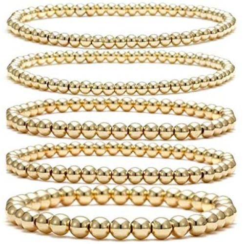 Beaded Bracelet for Women Stack 14 K Real Gold Ball Beads Bracelet Elastic String Friendship Bracelets Set Dainty Stretch Bracelets Jewelry for Men Girls