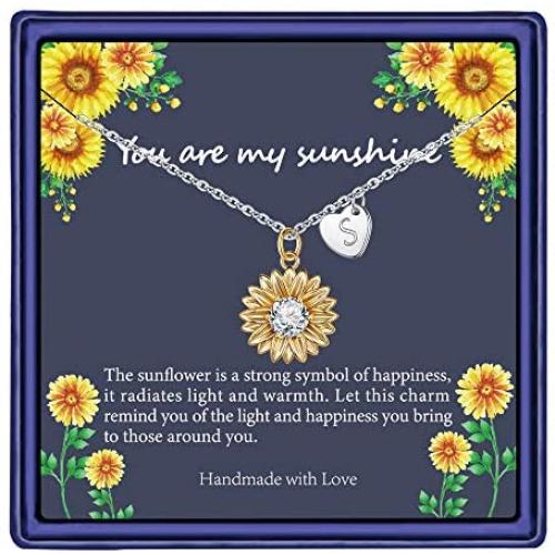 Initial Sunflower Necklaces for Women, 14k Gold Plated Sunflower Necklace CZ Heart Initial Letter Sunflower Pendant Necklace You are My Sunshine Sunflower Jewelry Gifts for Women Girls Alphabet A - Z