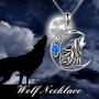 POPKIMI Sterling Silver Wolf Jewelry Howling Wolf Pendant Necklace Opal Moon for Wolf Lover Women Men