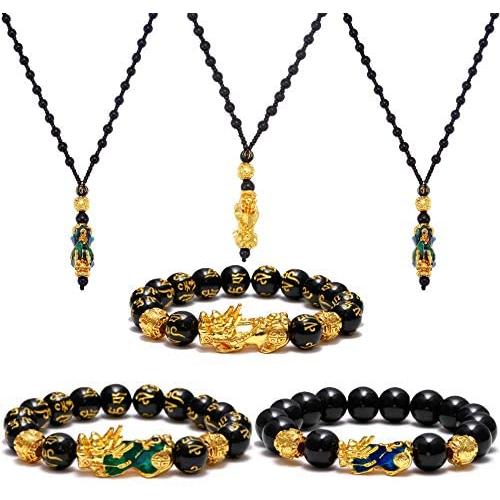 FUTTMI Feng Shui Pi Xiu Bracelet Necklace Set for Women Men Pi Yao Lucky Nafu Wealth Bracelet Necklace Black Bead Bracelet with Hand Carved Amulet Beads Jewelry Set