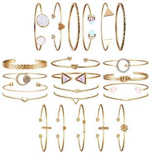 YADOCA 23 Pcs (5 PACK) Stackable Open Cuff Bracelet Set for Women Multiple Layered Wrap Bangle Bracelet Adjustable Knot Triangle Turquoise Cuff Bracelets