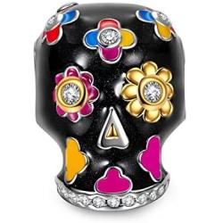 NinaQueen''Skull and Rose'' 925 Sterling Silver Sunflower Charms Multicolor Enamel Charm Beads, Best Halloween Gifts for Women