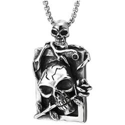 Mens Steel Vintage Rose Crack Skulls Frame Dog Tag Pendant Necklace with 30 inches Wheat Chain