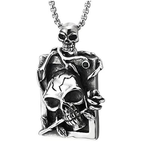 Mens Steel Vintage Rose Crack Skulls Frame Dog Tag Pendant Necklace with 30 inches Wheat Chain