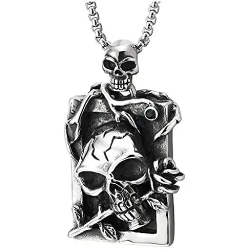 Mens Steel Vintage Rose Crack Skulls Frame Dog Tag Pendant Necklace with 30 inches Wheat Chain Mens Steel Vintage Rose Crack Skulls Frame Dog Tag Pendant Necklace with 30 inches Wheat Chain