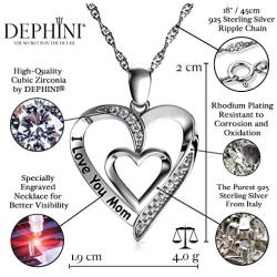 DEPHINI - Mom Necklace - 925 Sterling Silver - I Love You Mom - Heart Mum Pendant with CZ Crystals - Fine Jewellery Mothers Day Necklace - 18'' Rhodium Plated Silver Chain - A Cubic Zirconia