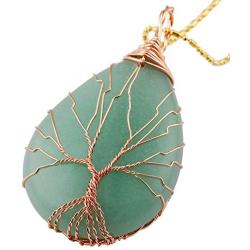 SUNYIK Green Aventurine Teardrop Tree of Life Pendant Necklace,Handmade Copper Wire Wrapped Jewelry