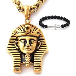 GUNGNEER Mens Stainless Steel Egyptian Pharaoh Pendant Punk Biker Vintage Goldtone Necklace Protection Strength Jewelry