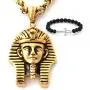 GUNGNEER Mens Stainless Steel Egyptian Pharaoh Pendant Punk Biker Vintage Goldtone Necklace Protection Strength Jewelry