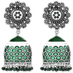 Aheli Intricate Floral Design Crafted Ethnic Wedding Wear Silver Tone Oxidize Enamel Jhumki Dangle Earrings Indian Ethnic Fashion Jewelry for Women