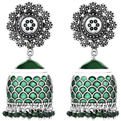 Aheli Intricate Floral Design Crafted Ethnic Wedding Wear Silver Tone Oxidize Enamel Jhumki Dangle Earrings Indian Ethnic Fashion Jewelry for Women
