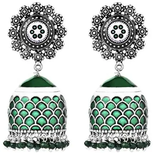 Aheli Intricate Floral Design Crafted Ethnic Wedding Wear Silver Tone Oxidize Enamel Jhumki Dangle Earrings Indian Ethnic Fashion Jewelry for Women Aheli Intricate Floral Design Crafted Ethnic Wedding Wear Silver Tone Oxidize Enamel Jhumki Dangle Earrings Indian Ethnic Fashion Jewelry for Women