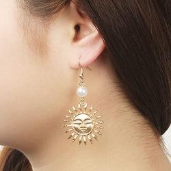Cute Sunflower Sun Face Moon Crescent Hook Dangle Drop Earrings for Women and Girl