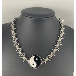 Skye Jewelry Barbed Wire Necklace w/Round Ying Yang Attached Pendant & Adjustable Clasp Fits 14” – 17”